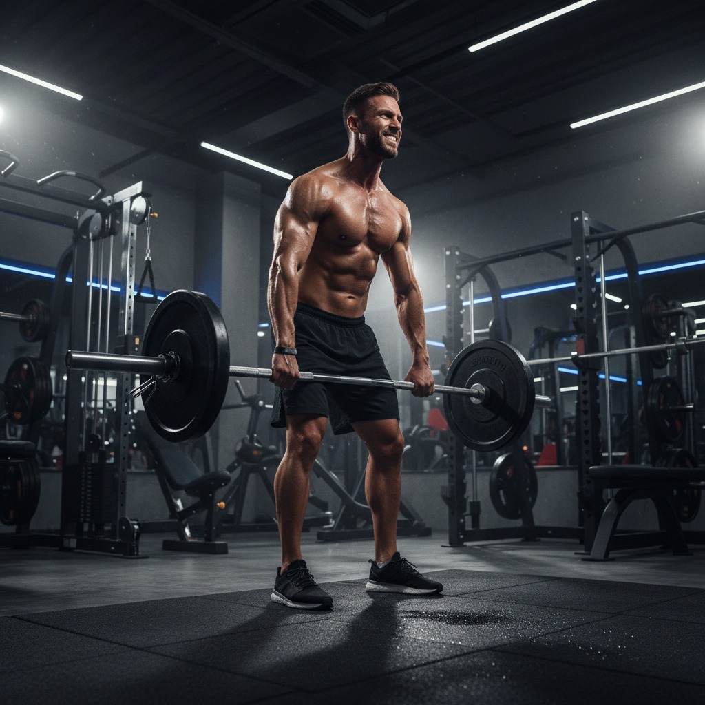 A shirtless, muscular man performs a deadlift with a barbell in a modern gym.