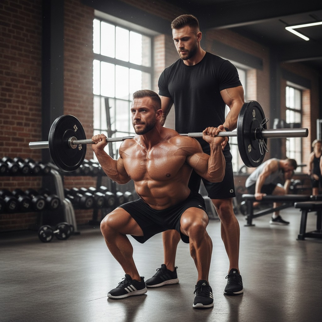 A muscular man performs a barbell squat in a gym while a trainer stands behind him to provide support.