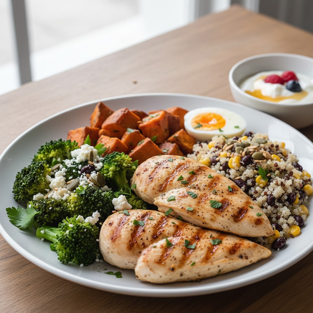 A plate of grilled chicken breast served with roasted sweet potatoes, broccoli topped with feta, a soft-boiled egg, and a side of quinoa with corn and black beans.