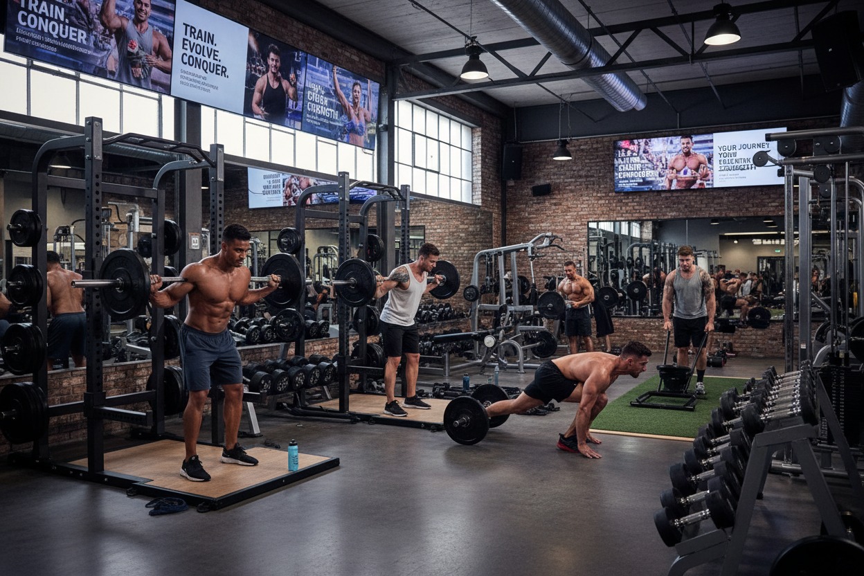 Several men exercise with free weights and equipment in a spacious gym with brick walls and motivational posters.